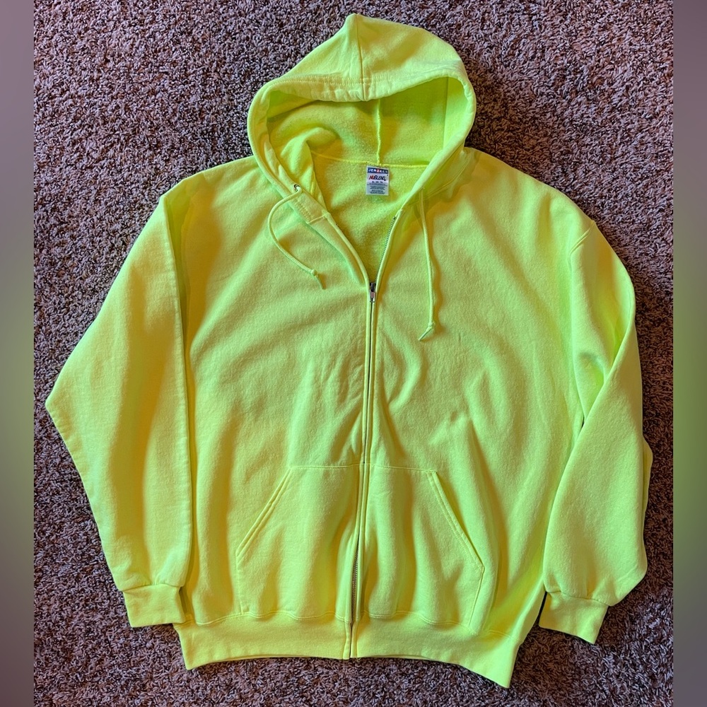 New Hi-Visibility Safety Yellow Green Hooded Zip up Sweatshirt Jacket XL NWOT